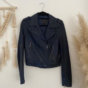 Paige Leather Suede Jacket quilted moto style coat blue Sacha Silk Lined